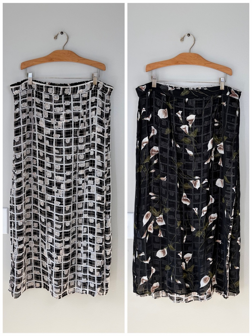 Vintage Sag Harbor Black Floral / Abstract Grid Print Reversible Midi Maxi Skirt